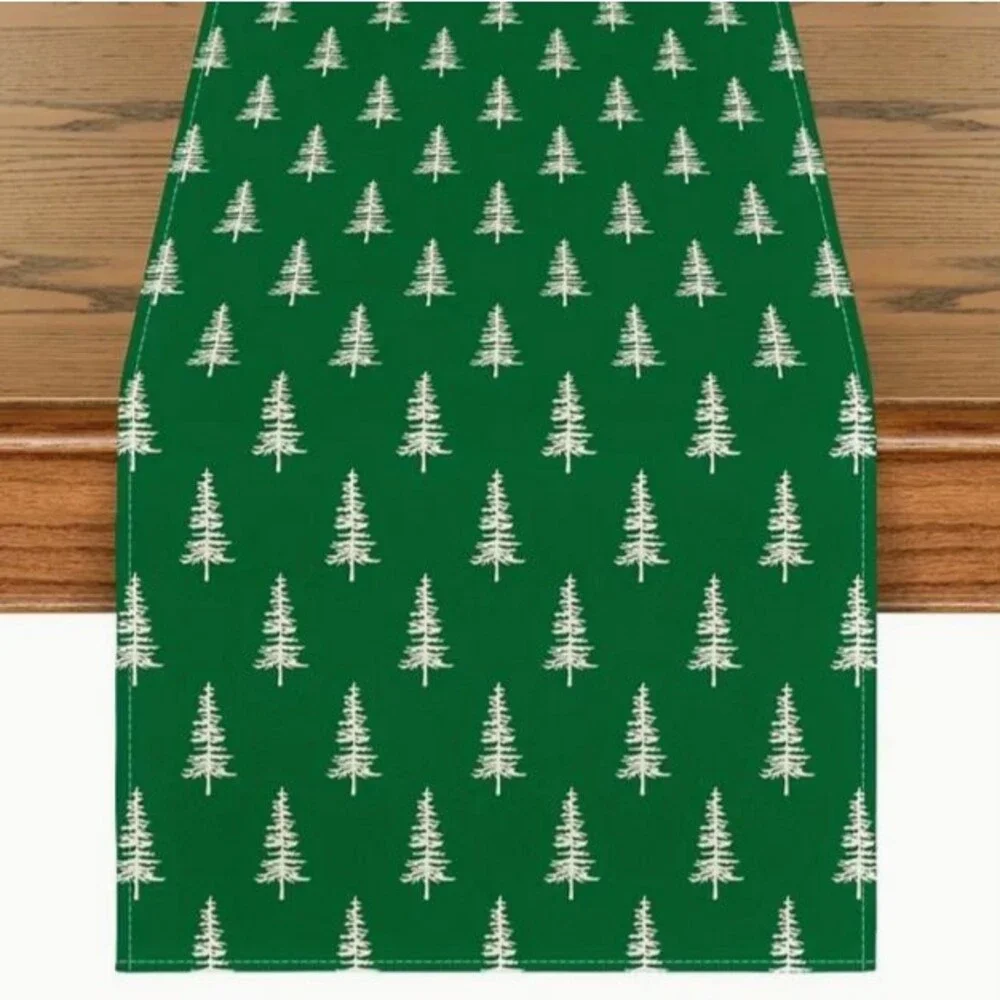 Christmas Table Runner 13x72in Green Linen Trees